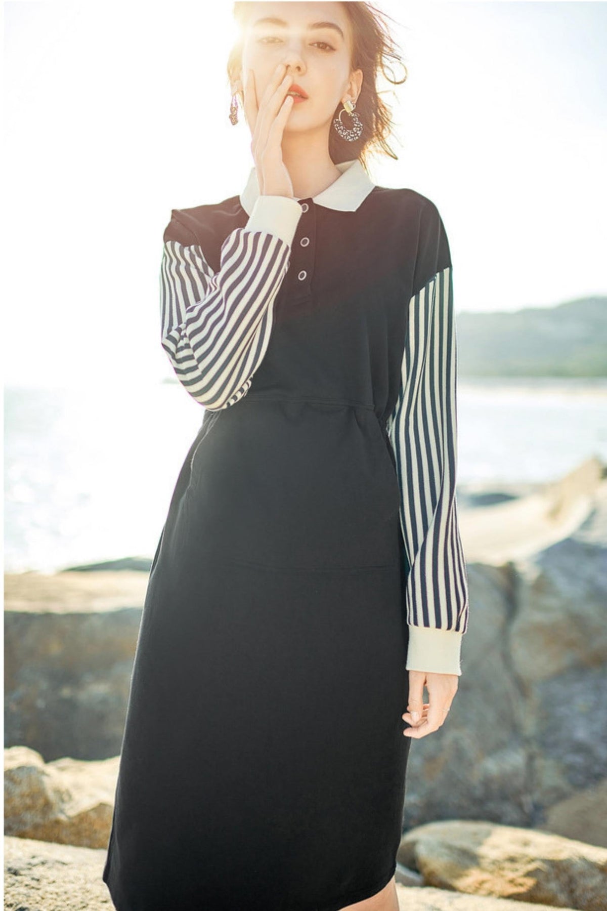 Splicing Polo Neck Long Sleeve Dress