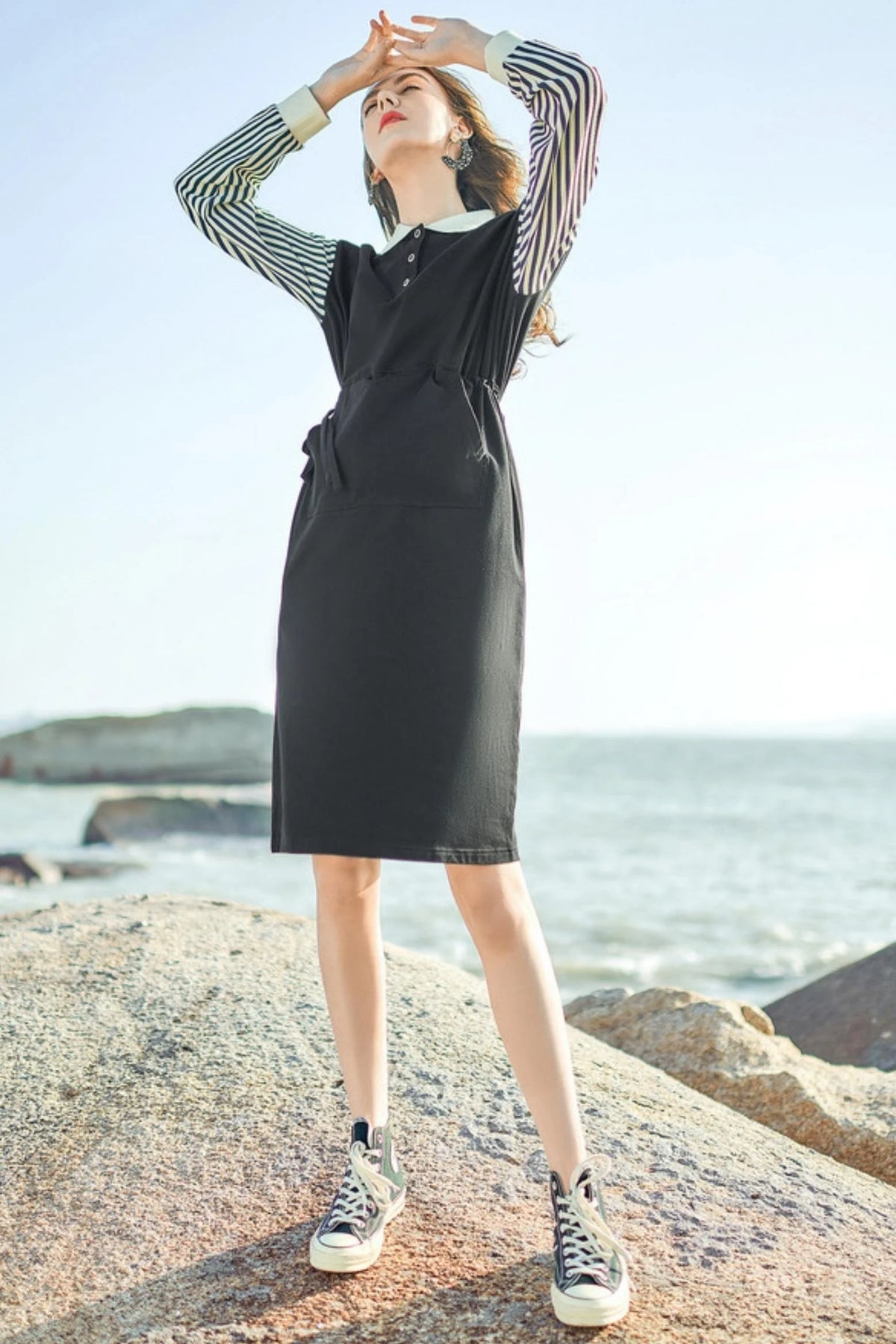 Splicing Polo Neck Long Sleeve Dress