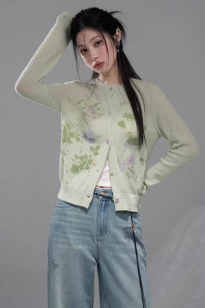 Spring Green Woolen Cardigan Set-Up