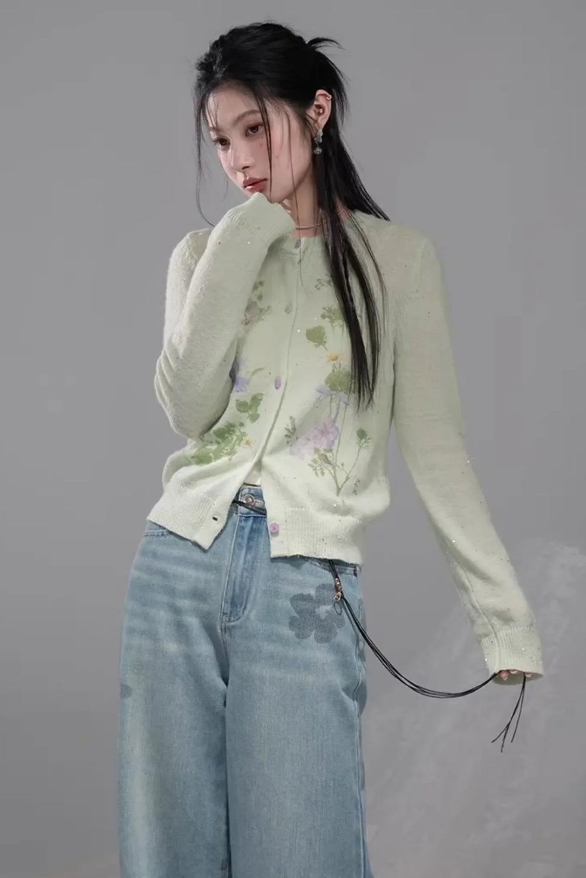 Spring Green Woolen Cardigan Set-Up