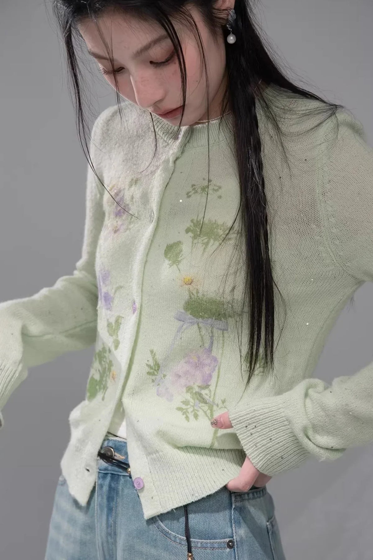 Spring Green Woolen Cardigan Set-Up