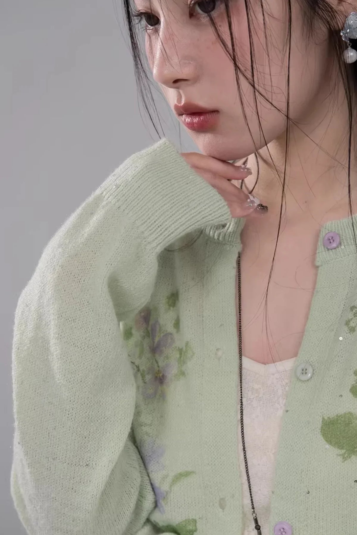 Spring Green Woolen Cardigan Set-Up