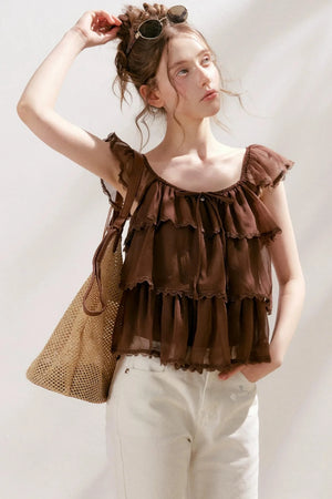 Square-Neck Chiffon Ruffle Blouse
