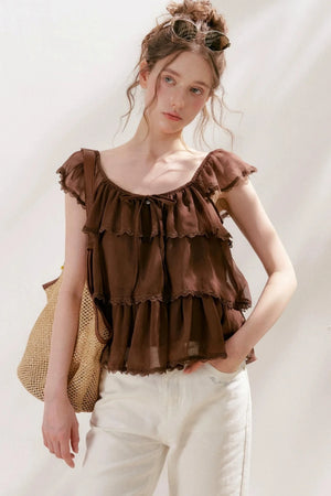 Square-Neck Chiffon Ruffle Blouse