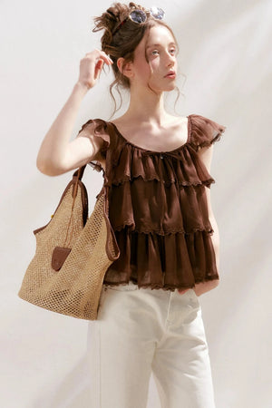 Square-Neck Chiffon Ruffle Blouse