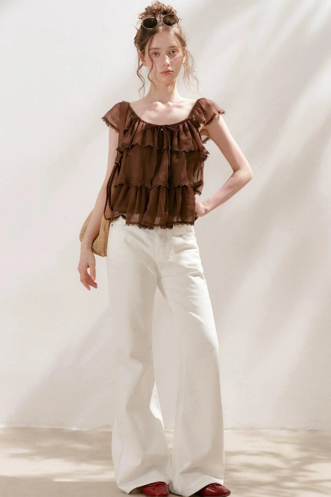 Square-Neck Chiffon Ruffle Blouse