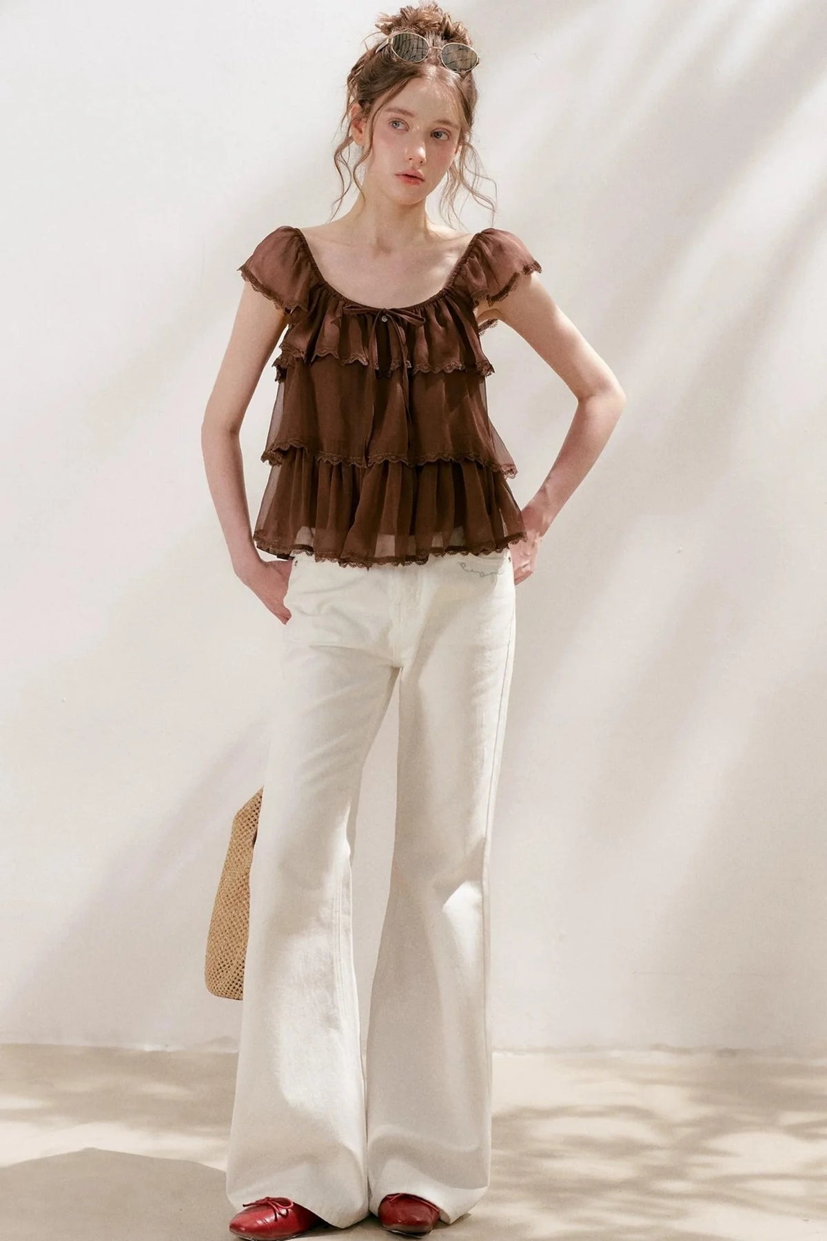 Square-Neck Chiffon Ruffle Blouse