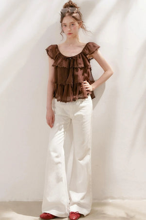 Square-Neck Chiffon Ruffle Blouse