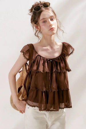 Square-Neck Chiffon Ruffle Blouse