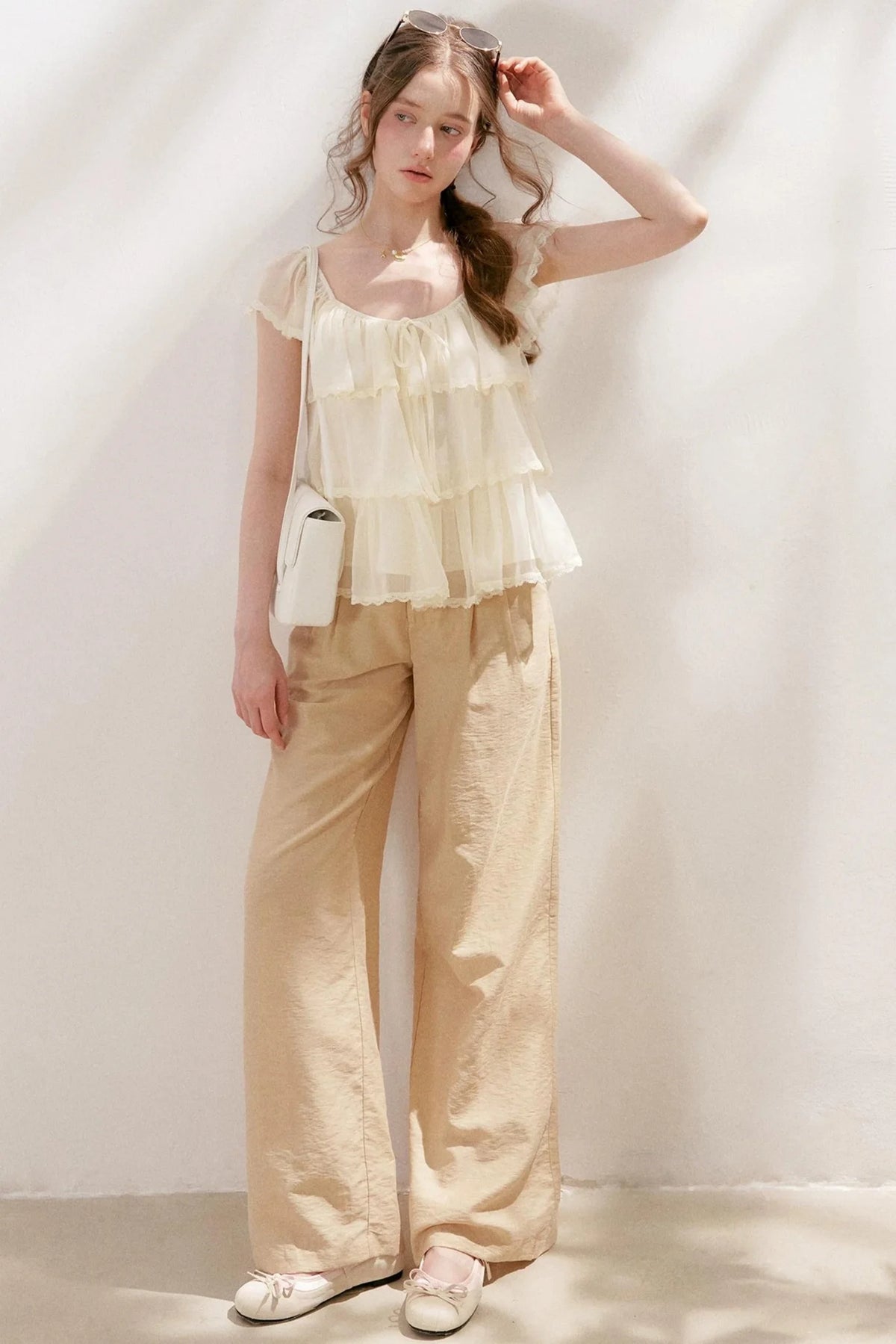 Square-Neck Chiffon Ruffle Blouse