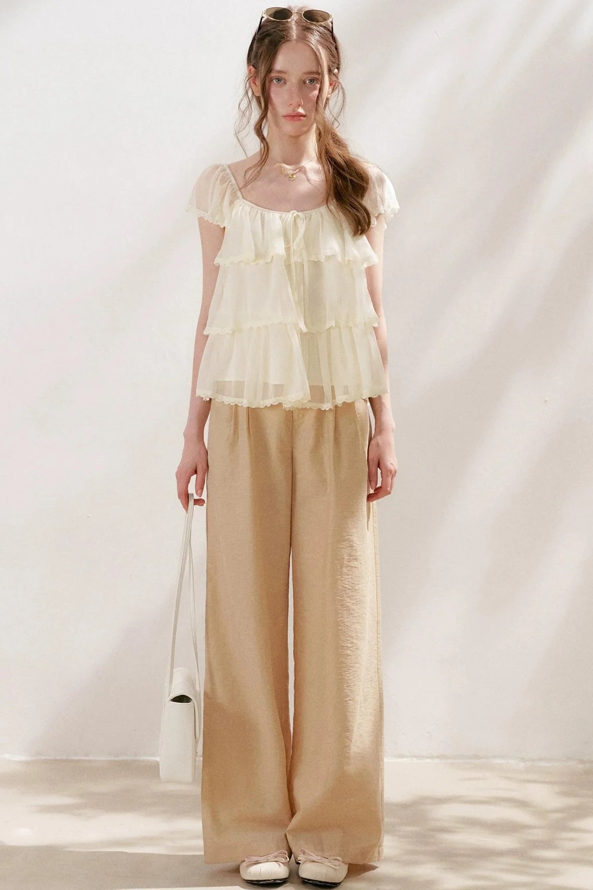 Square-Neck Chiffon Ruffle Blouse