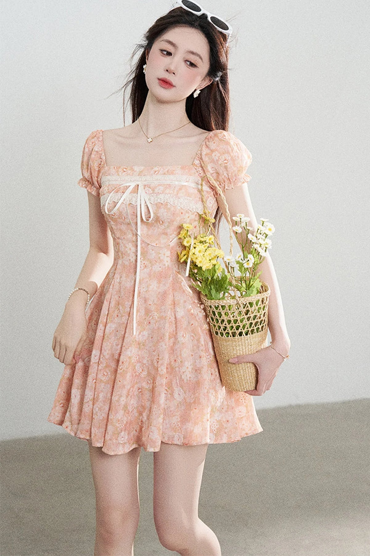 Square-Neck Floral Puff-Sleeve Chiffon Dress
