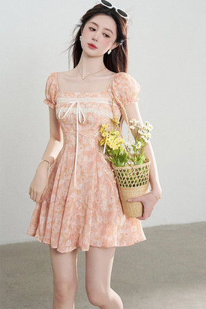 Square-Neck Floral Puff-Sleeve Chiffon Dress