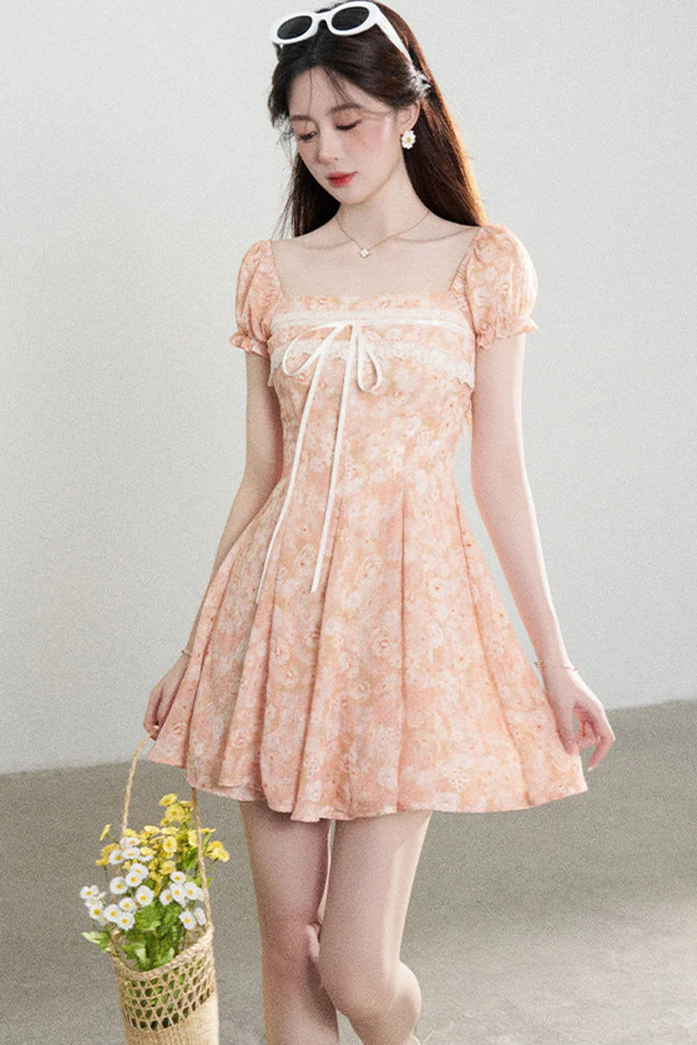 Square-Neck Floral Puff-Sleeve Chiffon Dress