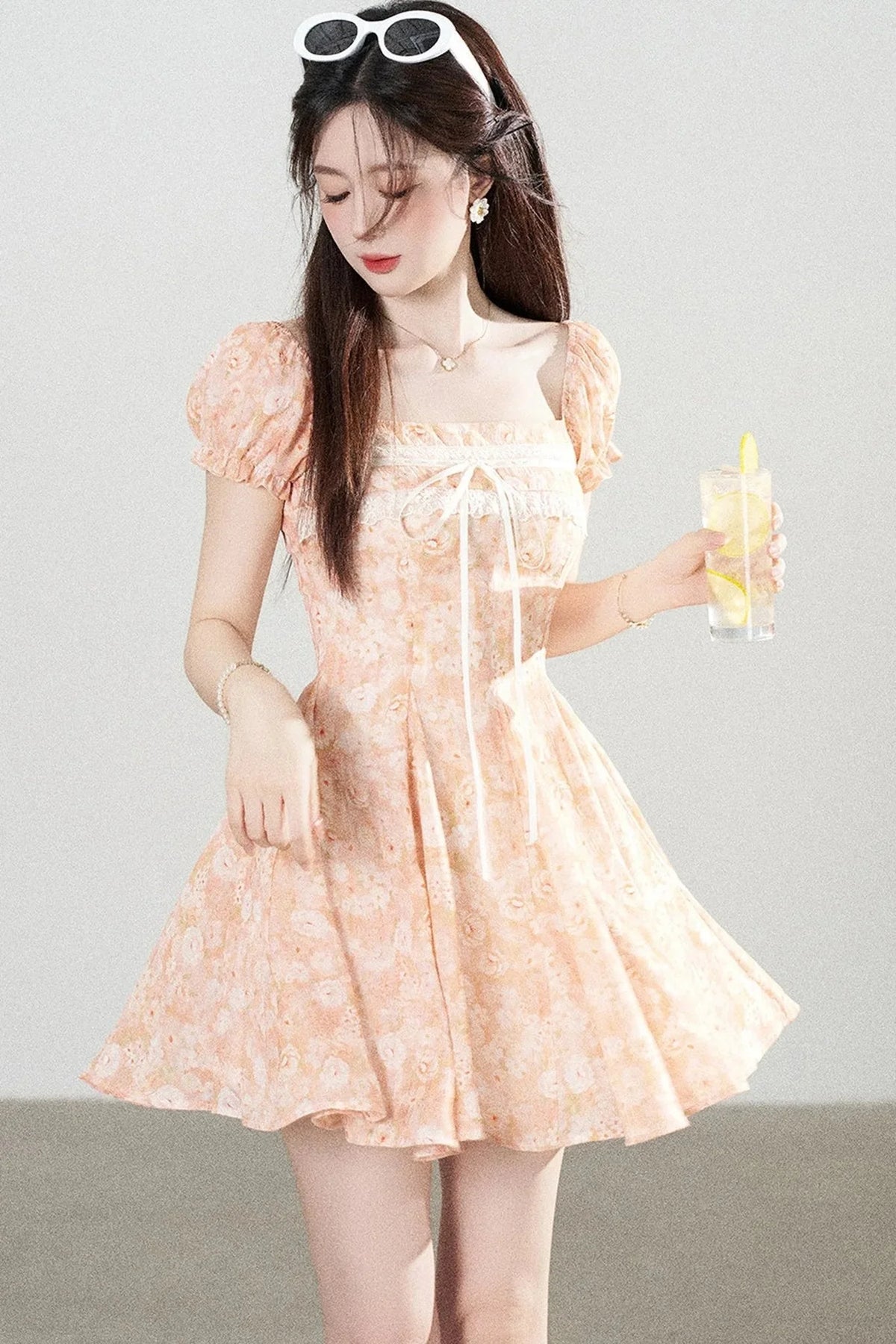 Square-Neck Floral Puff-Sleeve Chiffon Dress