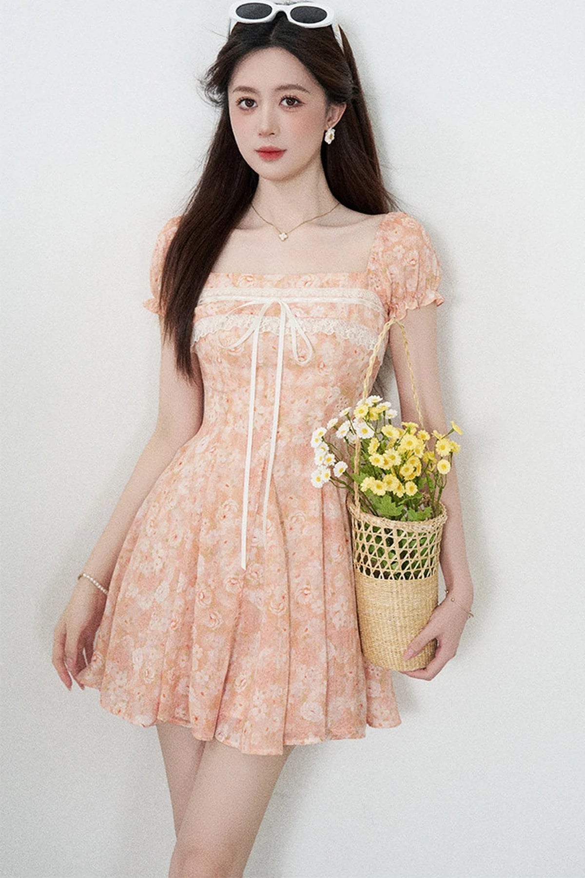 Square-Neck Floral Puff-Sleeve Chiffon Dress
