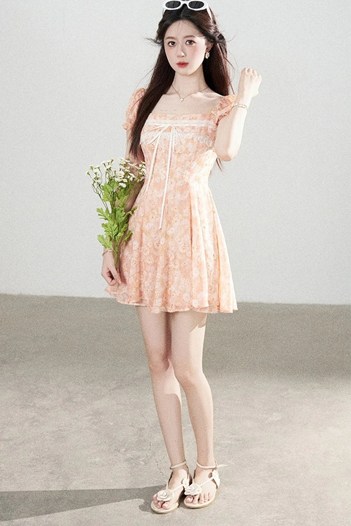Square-Neck Floral Puff-Sleeve Chiffon Dress