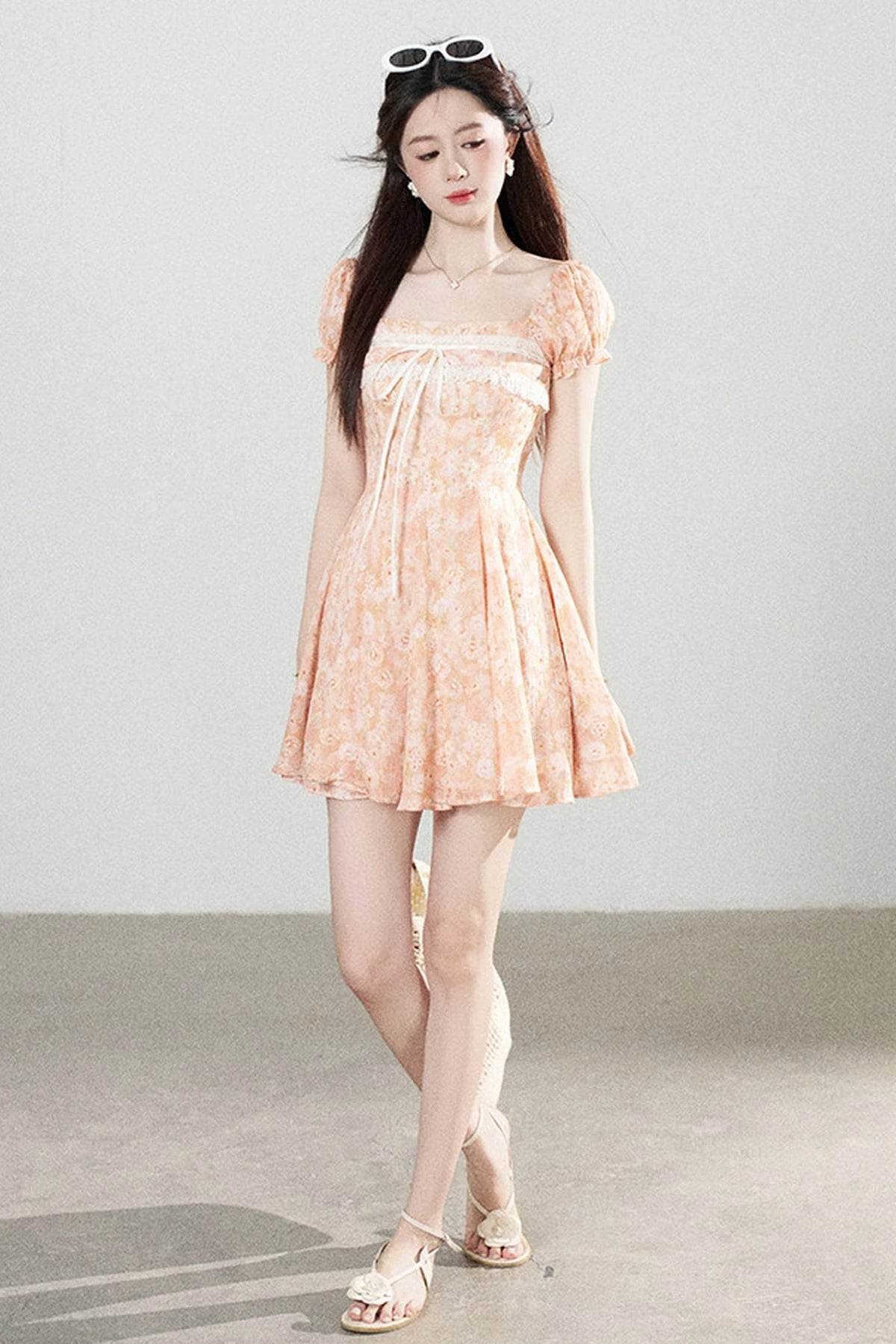 Square-Neck Floral Puff-Sleeve Chiffon Dress