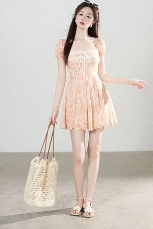 Square-Neck Floral Puff-Sleeve Chiffon Dress