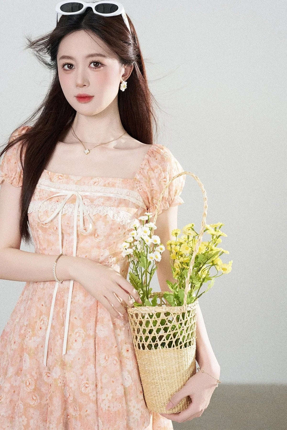 Square-Neck Floral Puff-Sleeve Chiffon Dress