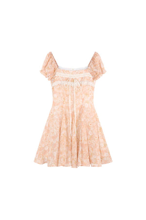 Square-Neck Floral Puff-Sleeve Chiffon Dress