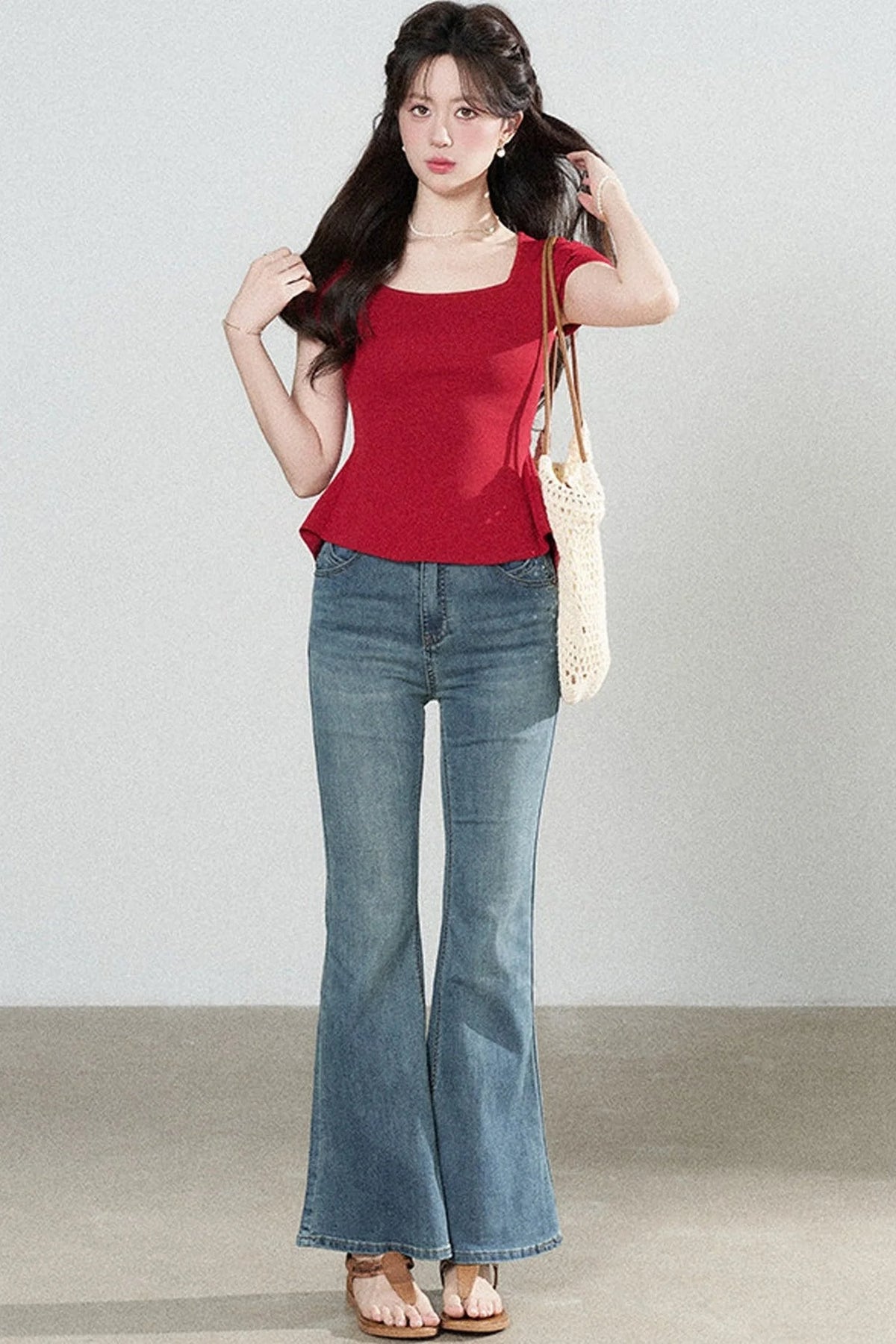 Square Neck Knit Top and Polka Dot Skirt Set-Up