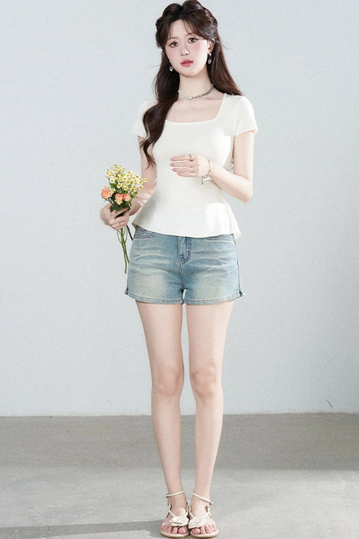Square Neck Knit Top and Polka Dot Skirt Set-Up