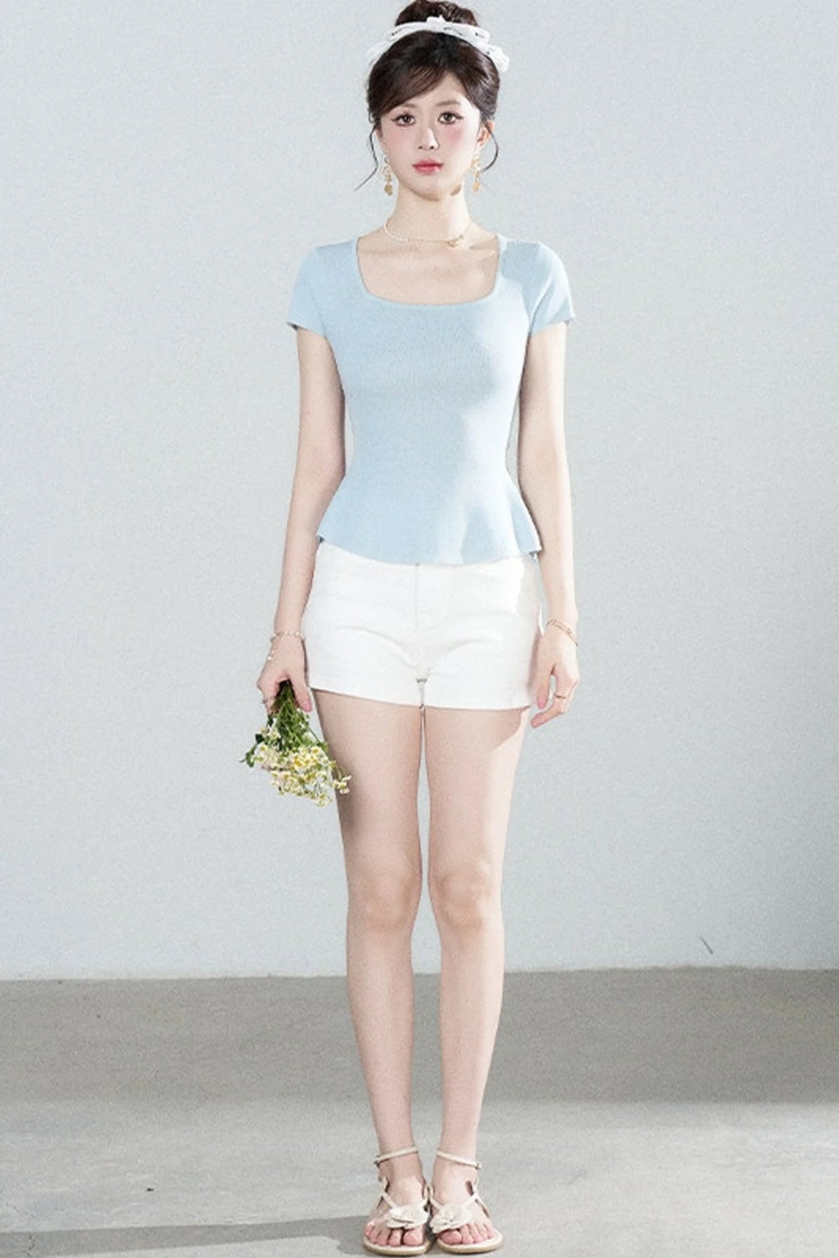 Square Neck Knit Top and Polka Dot Skirt Set-Up