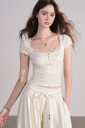 Square Neck Lace Ribbed Crop Top