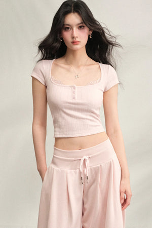 Square Neck Lace Ribbed Crop Top