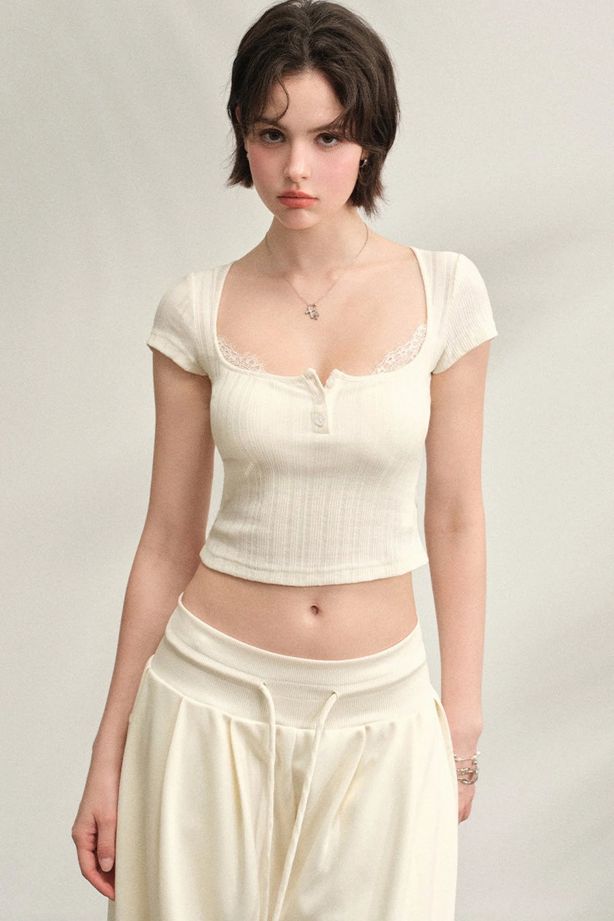 Square Neck Lace Ribbed Crop Top