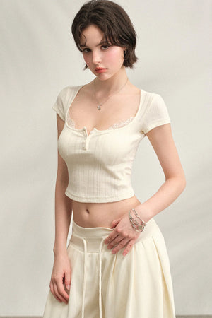 Square Neck Lace Ribbed Crop Top