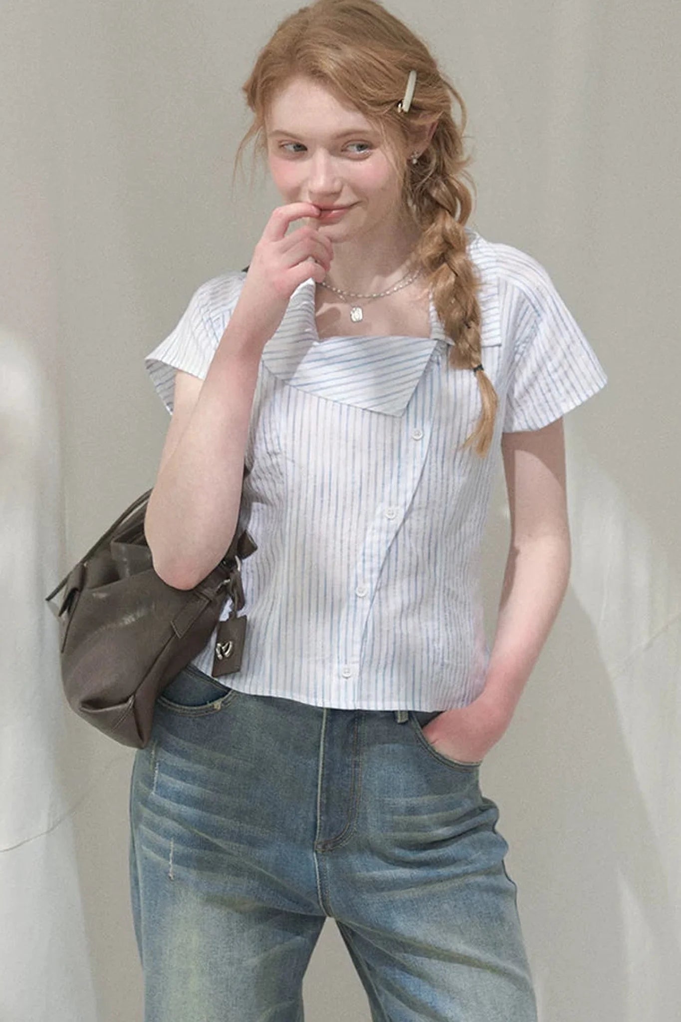Square-Neck Plaid Blouse