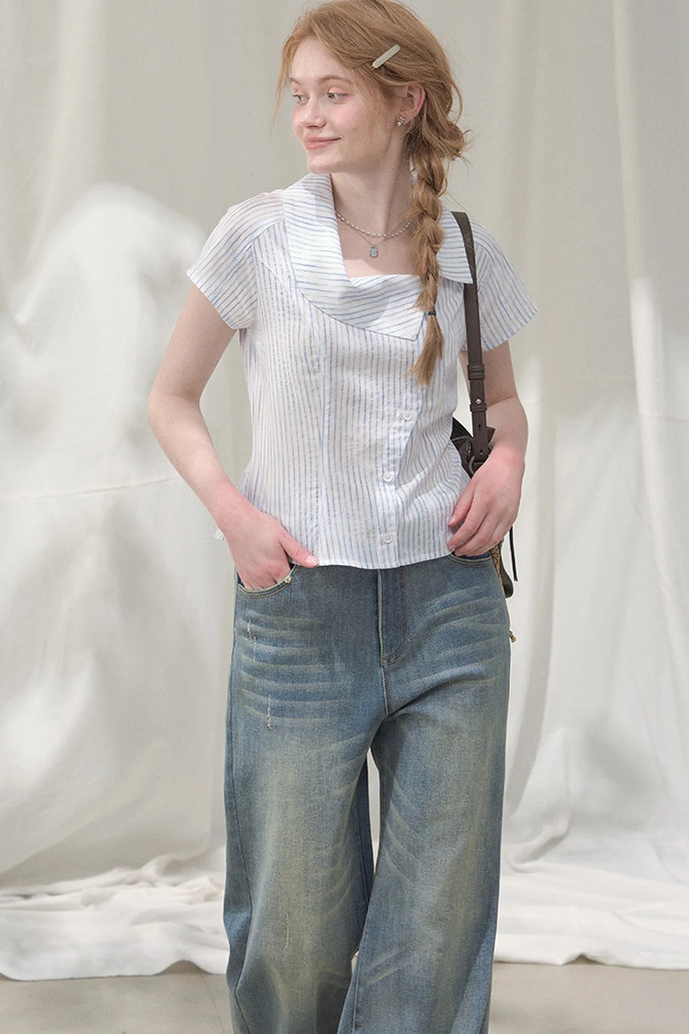 Square-Neck Plaid Blouse