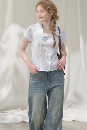 Square-Neck Plaid Blouse