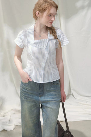 Square-Neck Plaid Blouse