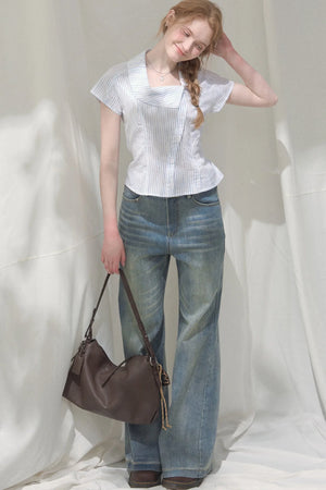 Square-Neck Plaid Blouse