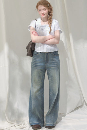 Square-Neck Plaid Blouse