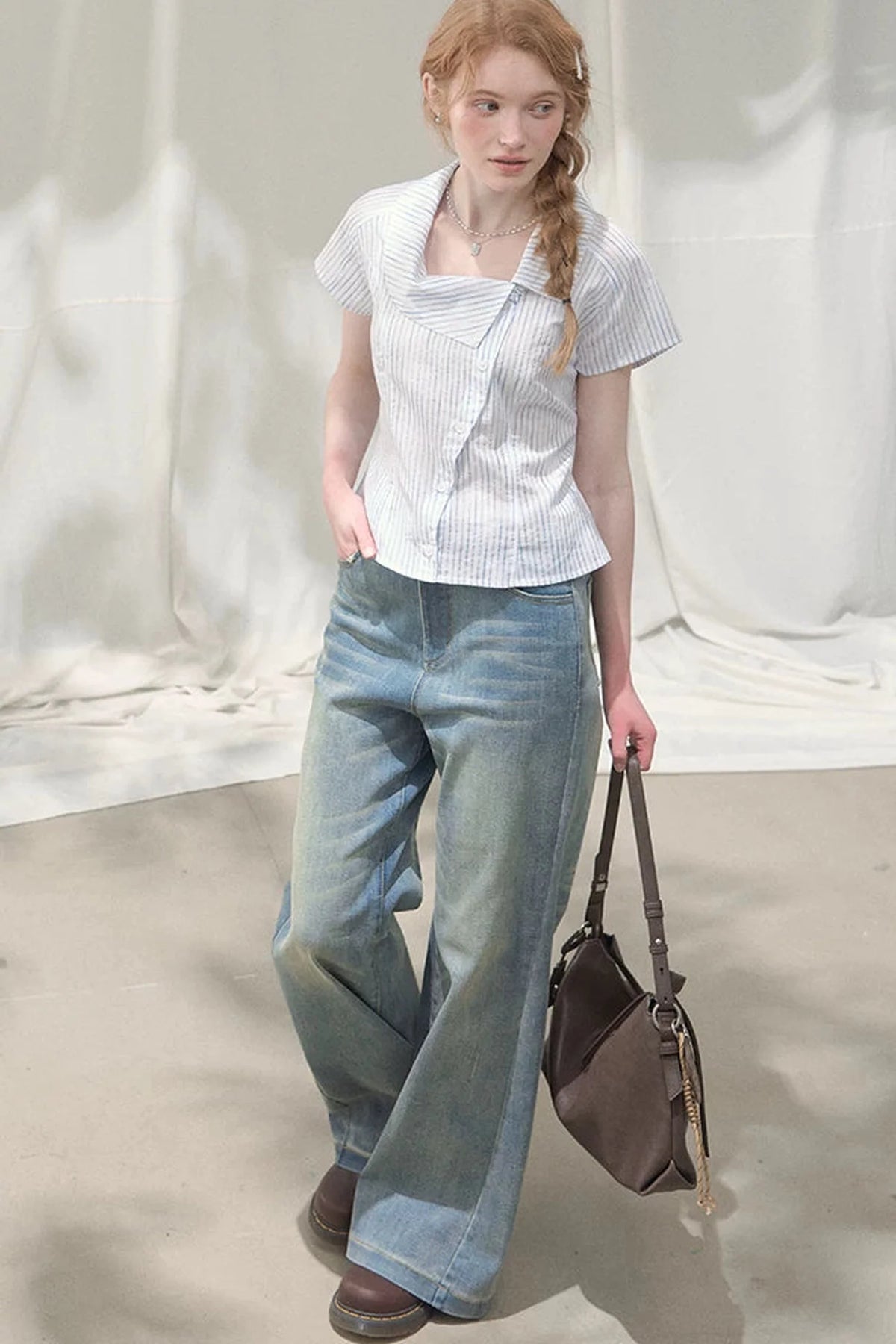 Square-Neck Plaid Blouse