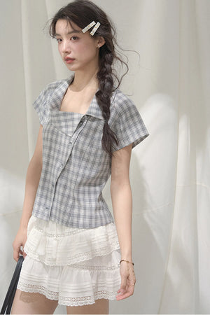 Square-Neck Plaid Blouse