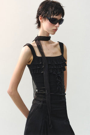 Square Neck Ruffle Trim Tank Top
