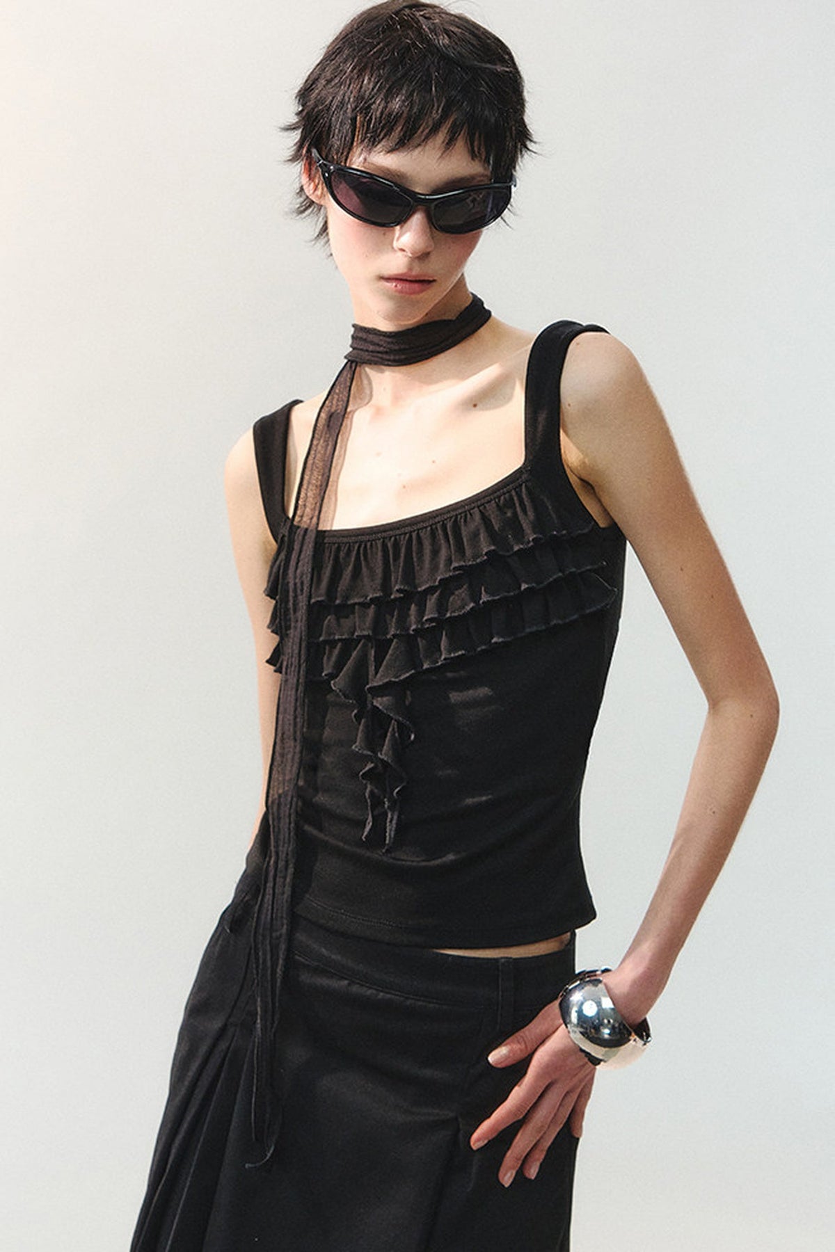 Square Neck Ruffle Trim Tank Top