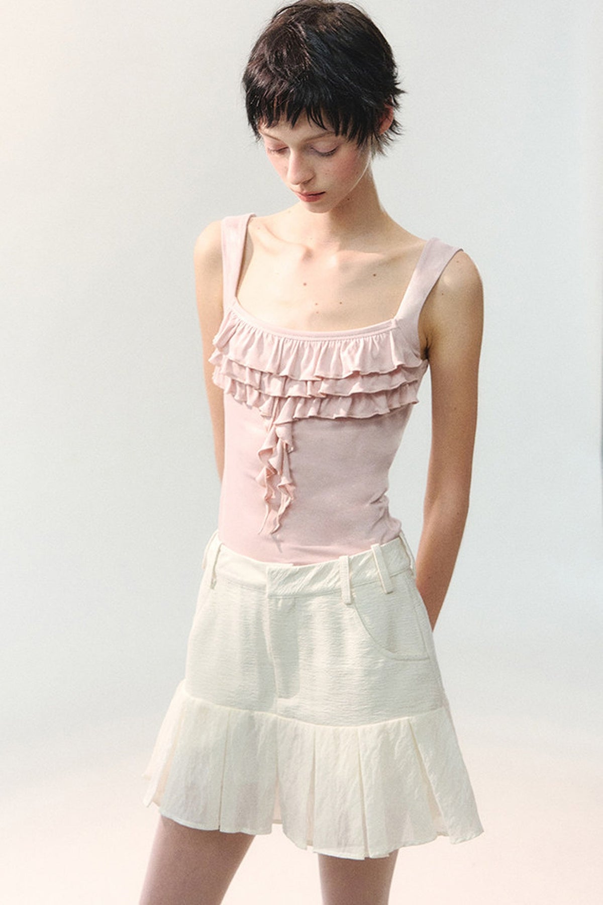 Square Neck Ruffle Trim Tank Top