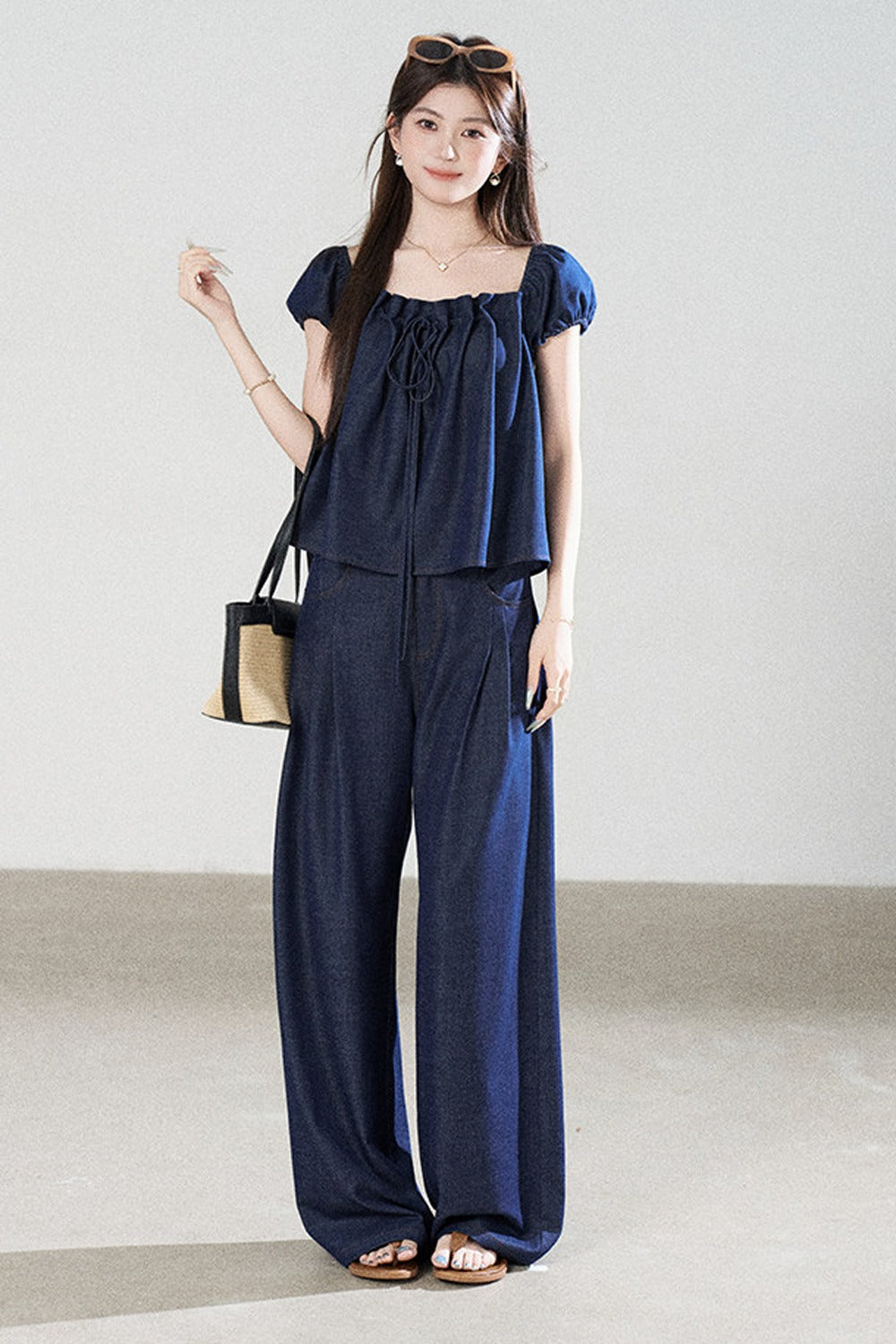 Square-Neck Short-Sleeve Denim Top and Wide-Leg Pants Set-Up