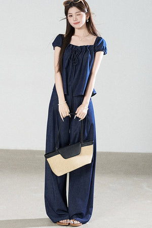 Square-Neck Short-Sleeve Denim Top and Wide-Leg Pants Set-Up
