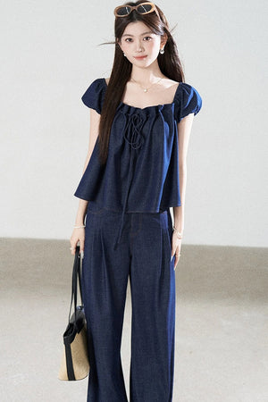 Square-Neck Short-Sleeve Denim Top and Wide-Leg Pants Set-Up