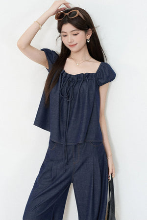 Square-Neck Short-Sleeve Denim Top and Wide-Leg Pants Set-Up