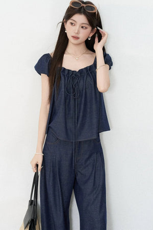 Square-Neck Short-Sleeve Denim Top and Wide-Leg Pants Set-Up