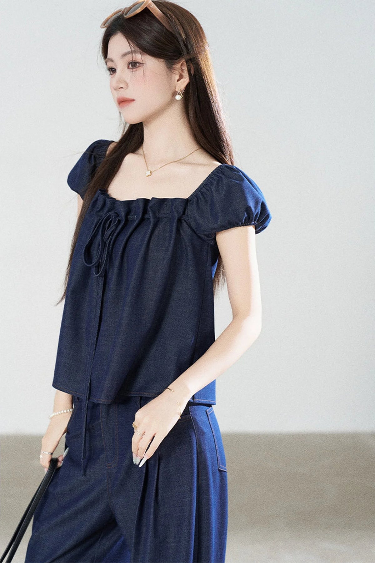 Square-Neck Short-Sleeve Denim Top and Wide-Leg Pants Set-Up