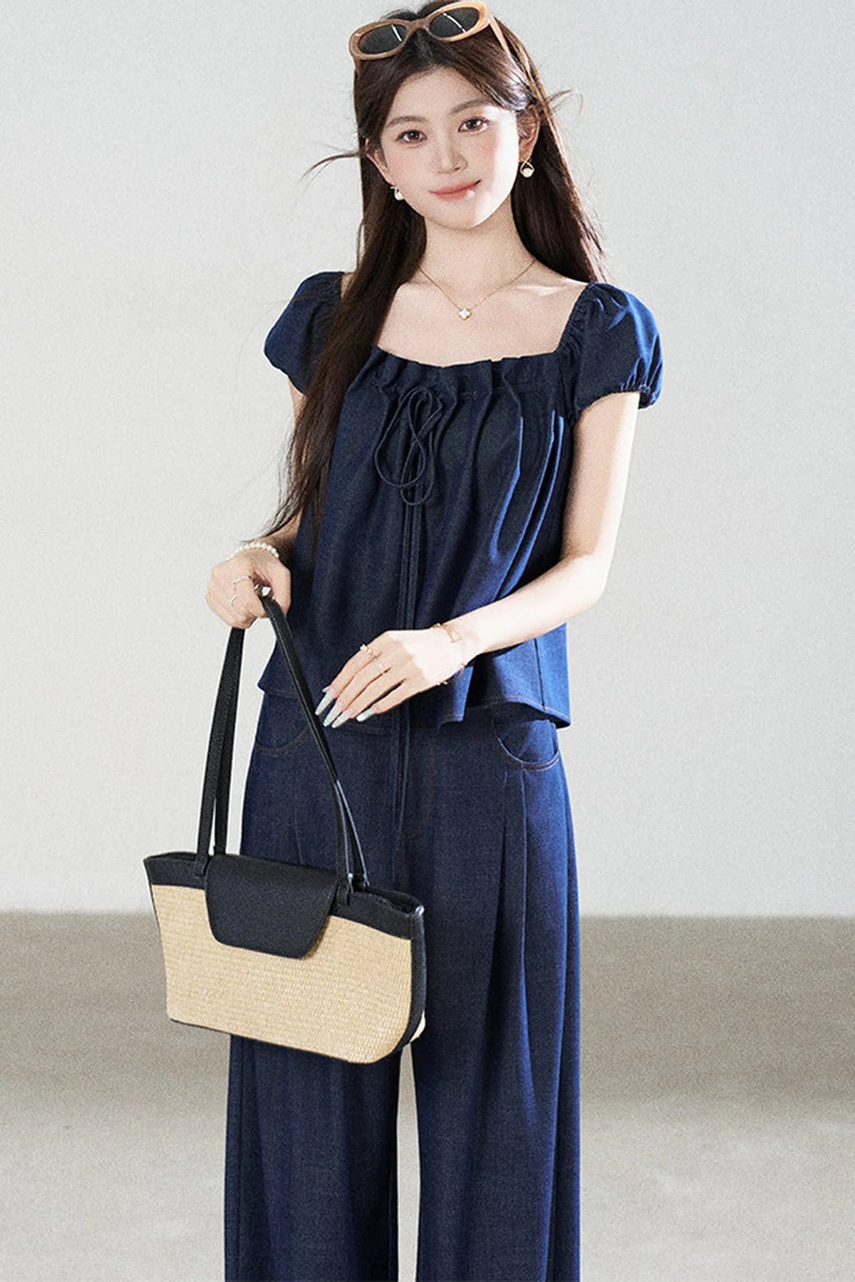 Square-Neck Short-Sleeve Denim Top and Wide-Leg Pants Set-Up